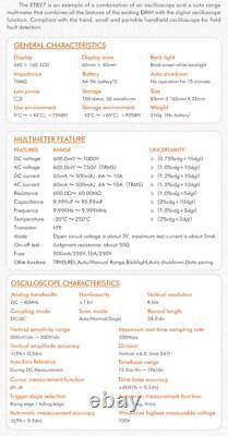 Scope Digital Multimeter Oscilloscope 40MHz 200Msps AC DC Tester HD Screen ET827